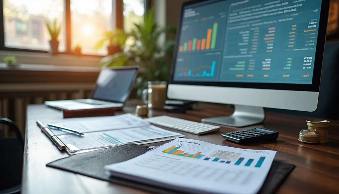 Office desk with financial charts, documents, laptop, calculator, and computer displaying data analytics at sunset.