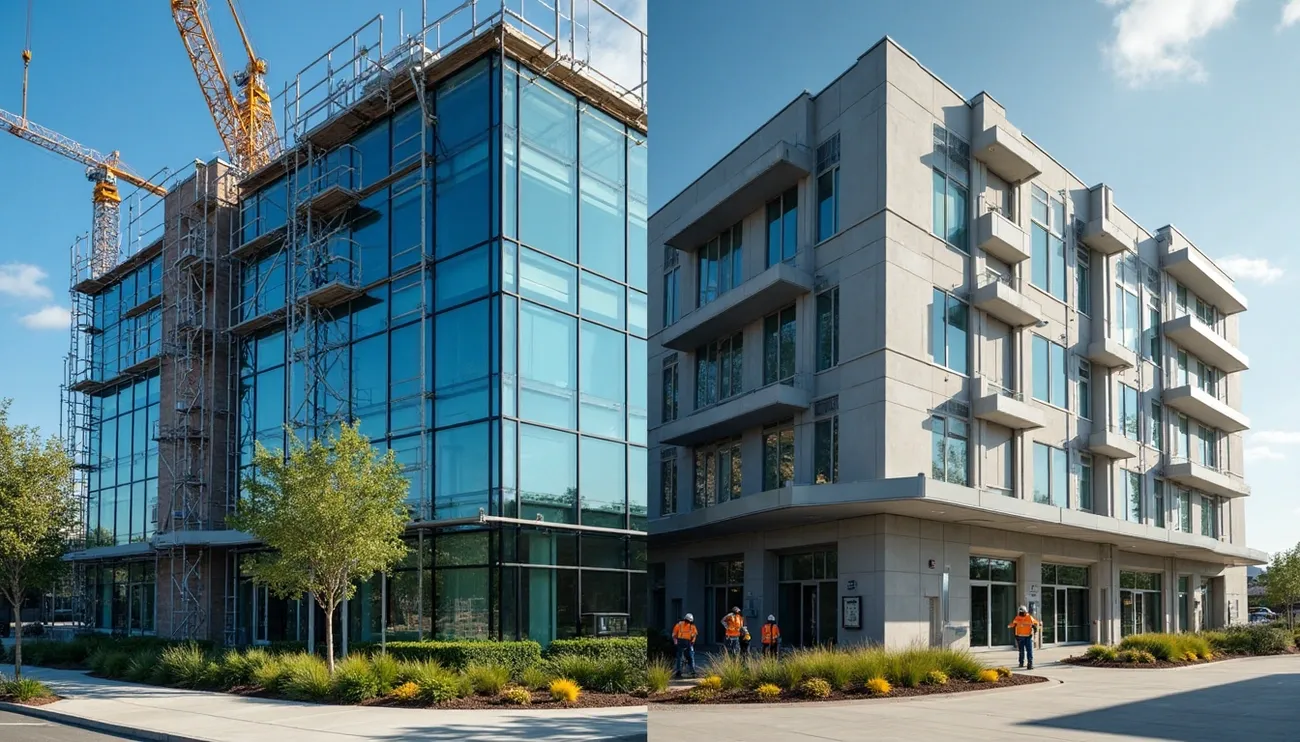 Side-by-side image of a glass building under construction and a finished modern office building with workers outside.
