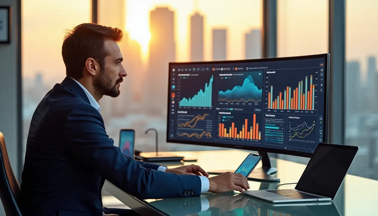 Business professional in a suit analyzing financial charts on a large monitor and smartphone at sunset office.