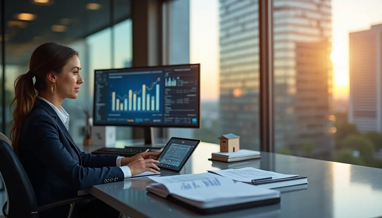 Businesswoman analyzing financial charts on tablet and monitor in modern office with city view at sunset
