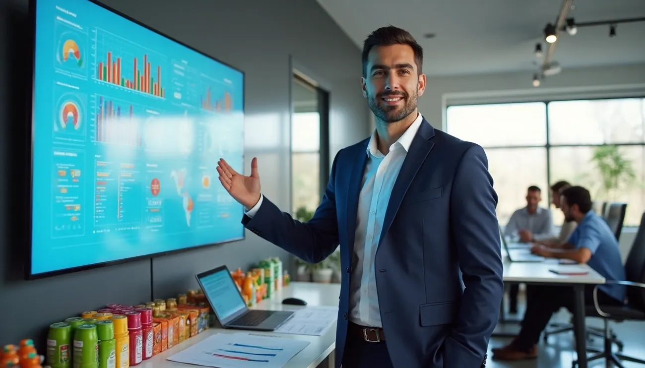 Brand manager in a suit presenting CPG financial KPIs on a large screen with product samples and colleagues in meeting.
