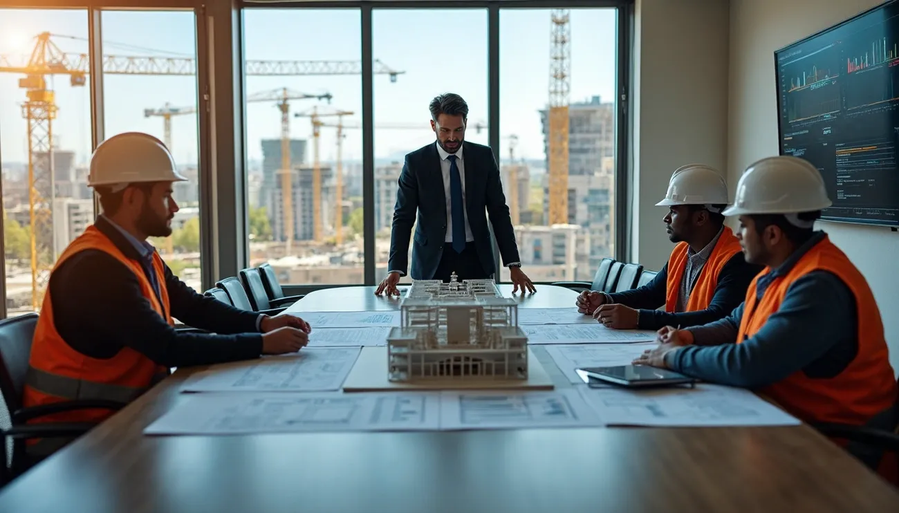 Construction professionals in safety vests and helmets discuss a building model with a suited CFO in a conference room.