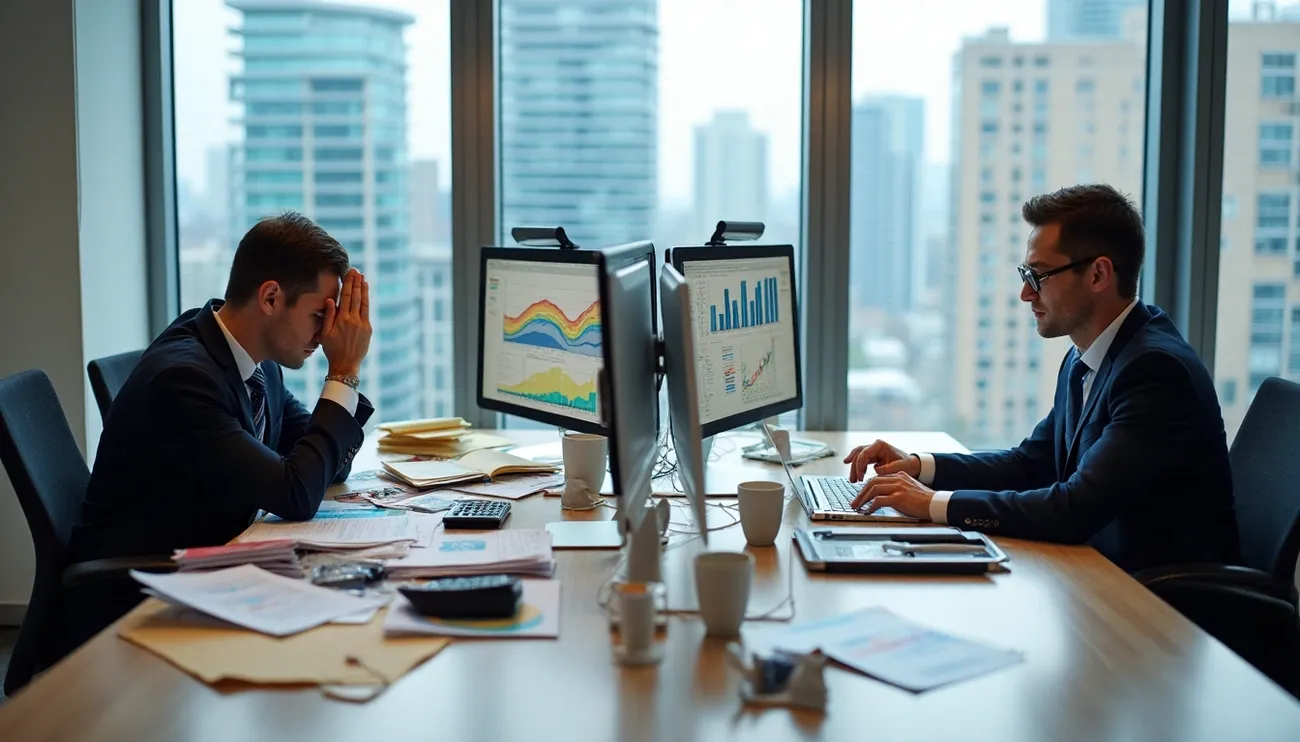 Two businessmen in suits analyze financial graphs on dual monitors in a modern office with city views.