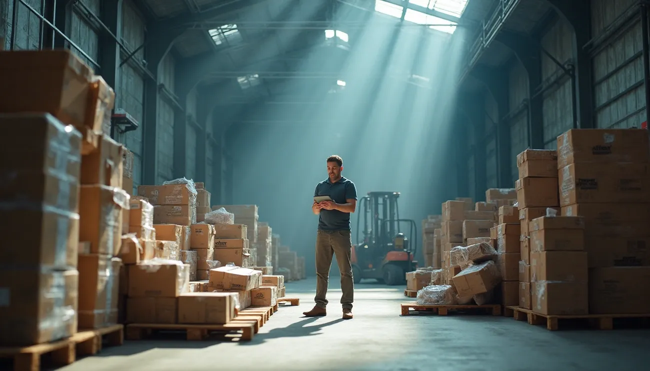 Warehouse worker standing among stacked boxes on pallets with forklift in background under sunlight beams.