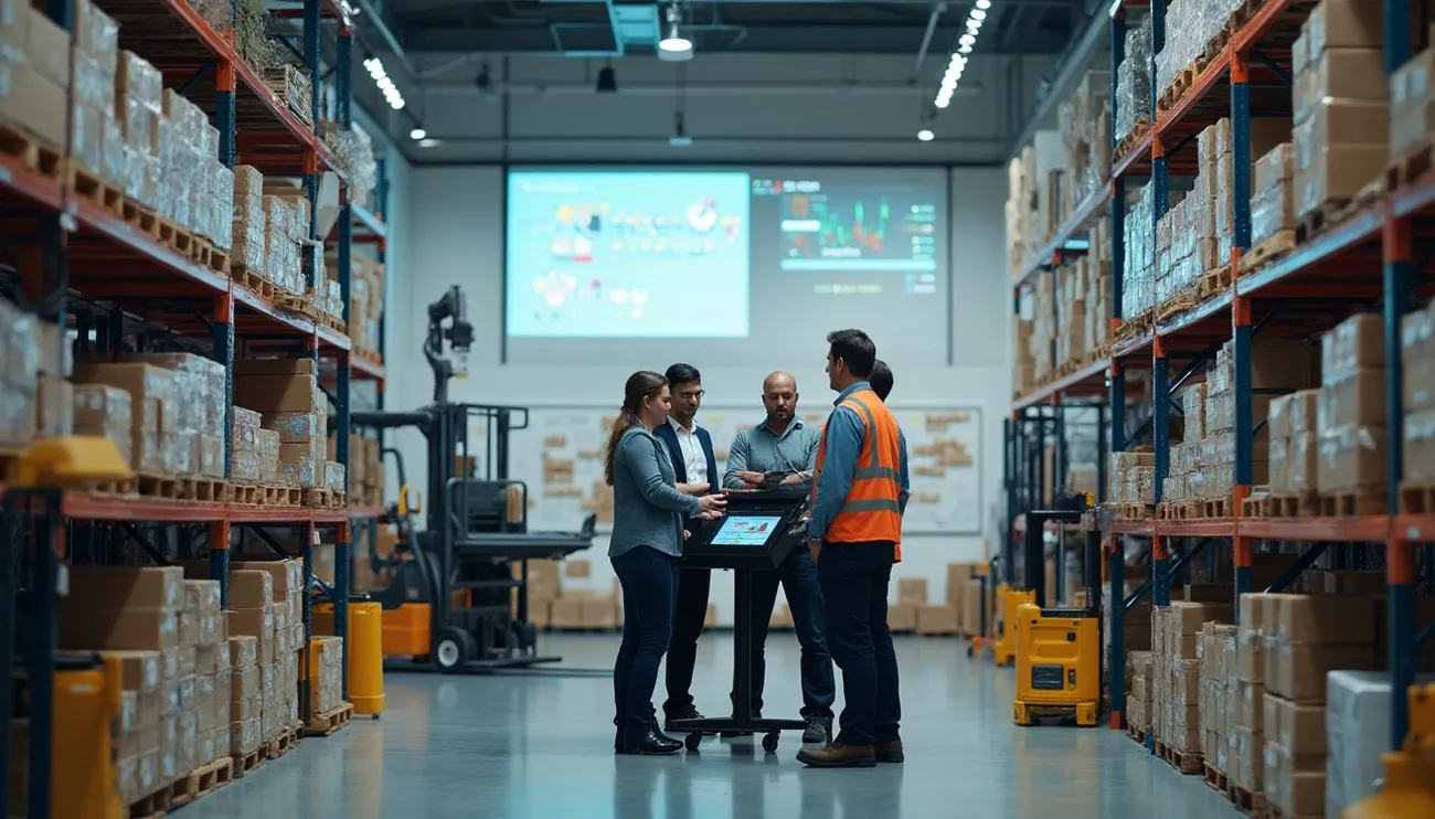Team discussing business strategies in a warehouse surrounded by stacked inventory and digital displays.