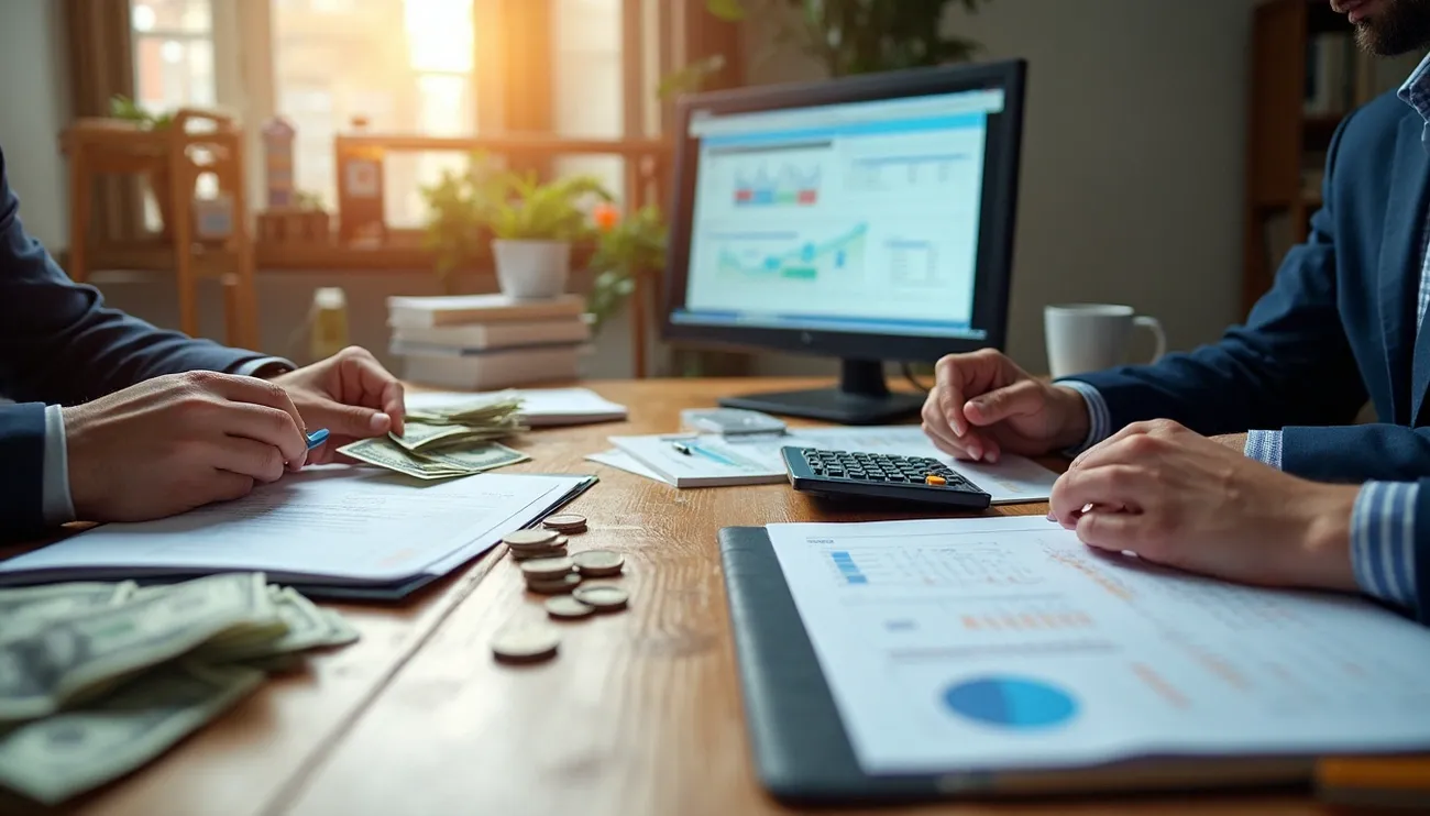 Two professionals review financial documents and cash at a desk with a computer showing graphs and charts in an office setting.