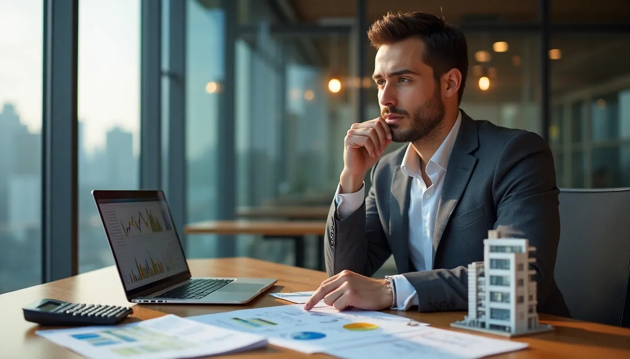 Businessman in suit analyzing real estate investment charts and a building model in a modern office setting.