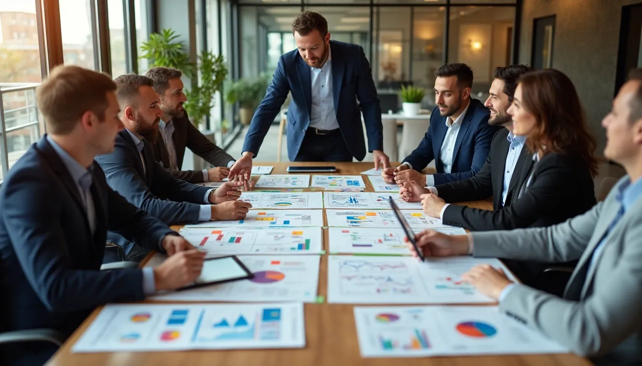 Business team in a meeting analyzing colorful charts and graphs spread across a conference table in a modern office.