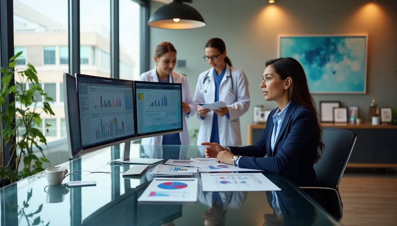 Businesswoman reviewing financial charts on a desk while two doctors discuss reports in a modern office.