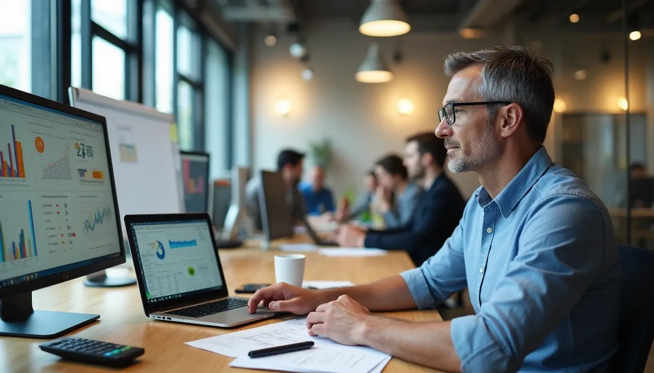 Man in blue shirt working on financial charts at a desktop and laptop in a modern office meeting room.