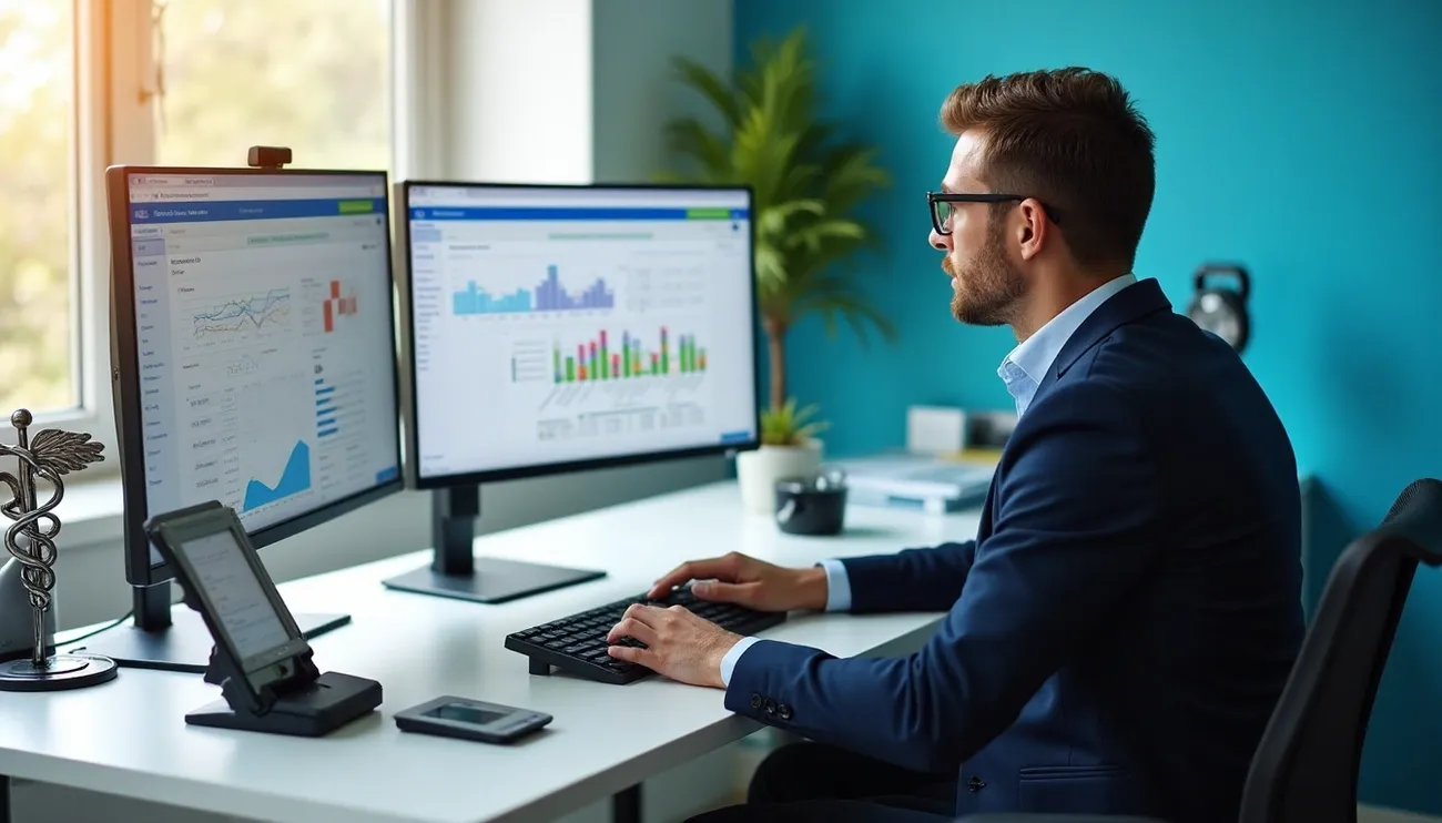 Business professional analyzing financial and revenue cycle data on dual monitors in a modern office setting.