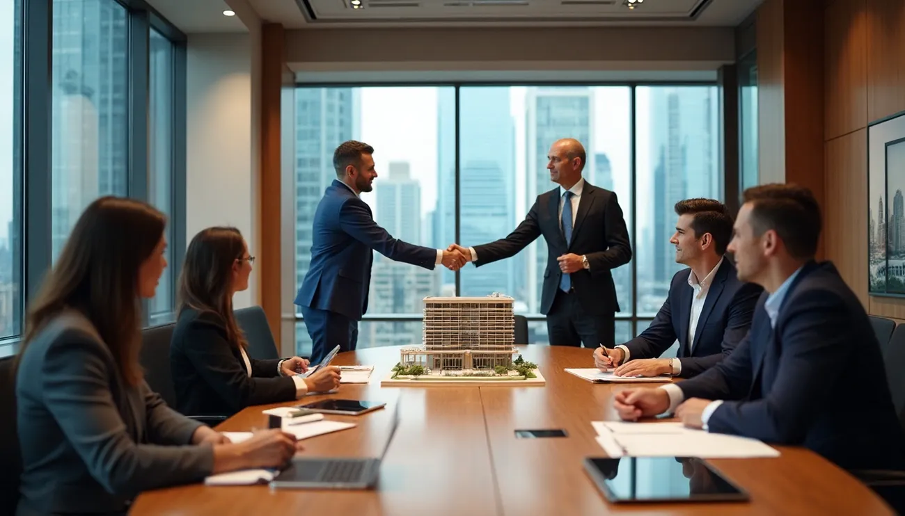 Business professionals shake hands over a conference table with a building model, symbolizing a real estate joint venture.