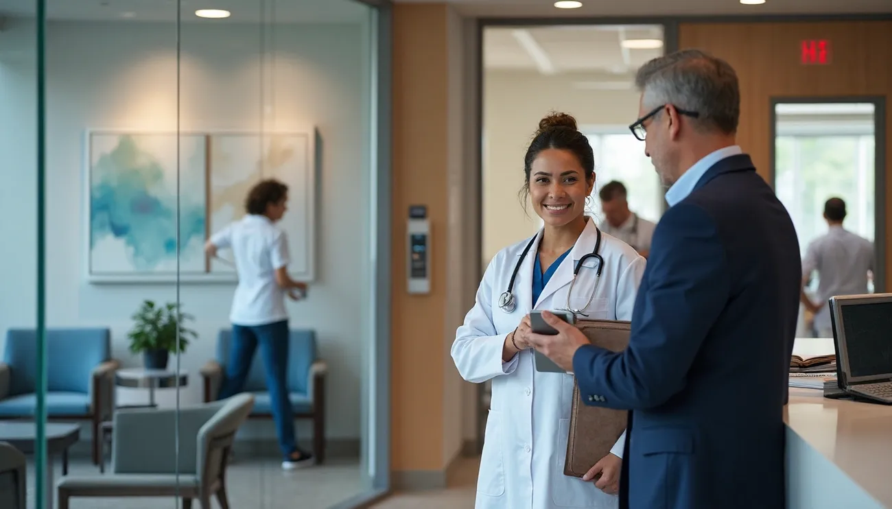 Doctor in white coat discussing with a businessman in a modern healthcare office setting with staff in the background.