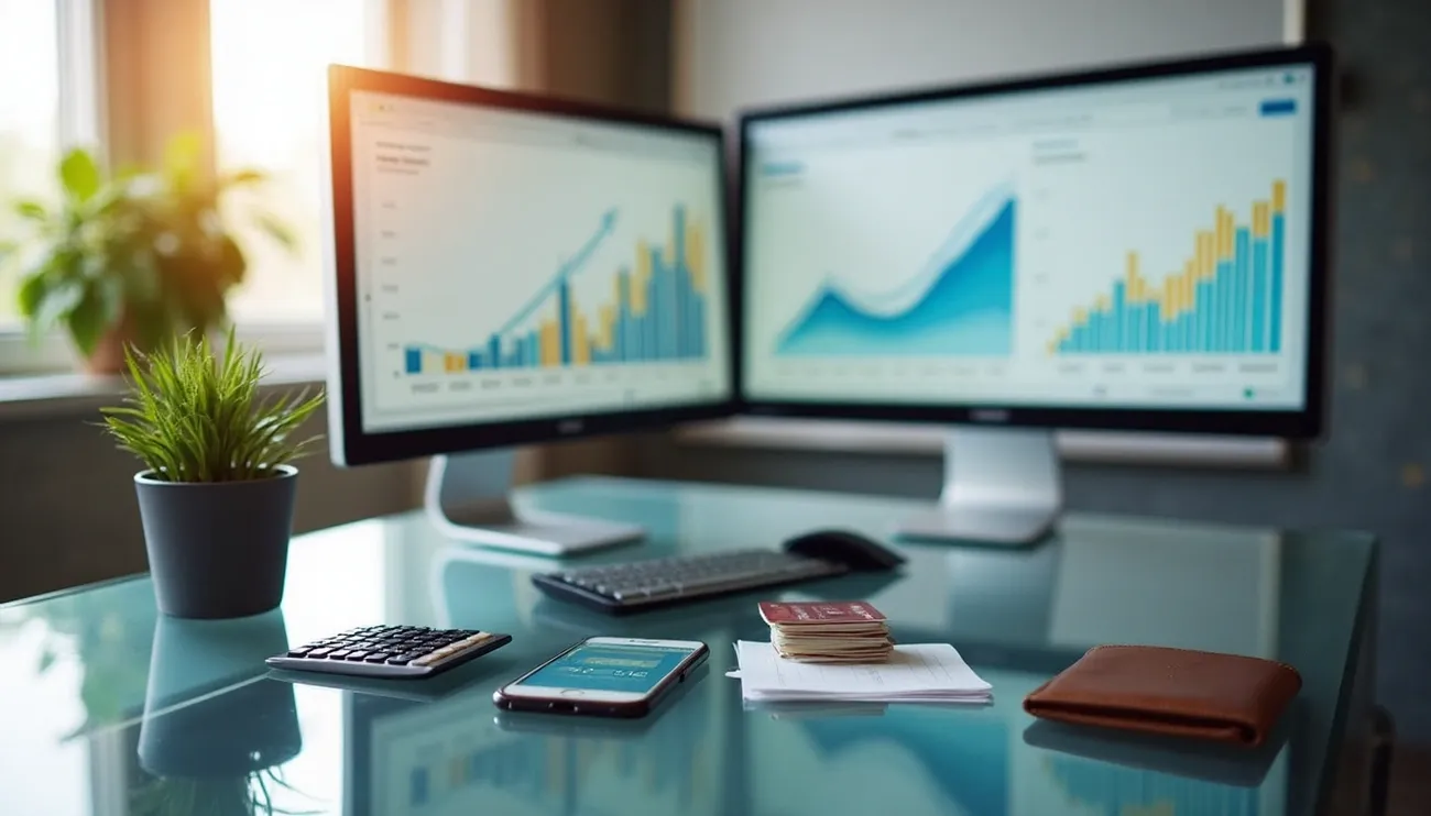 Modern office desk with dual monitors displaying financial growth charts and a calculator, phone, and wallet on the glass surface.