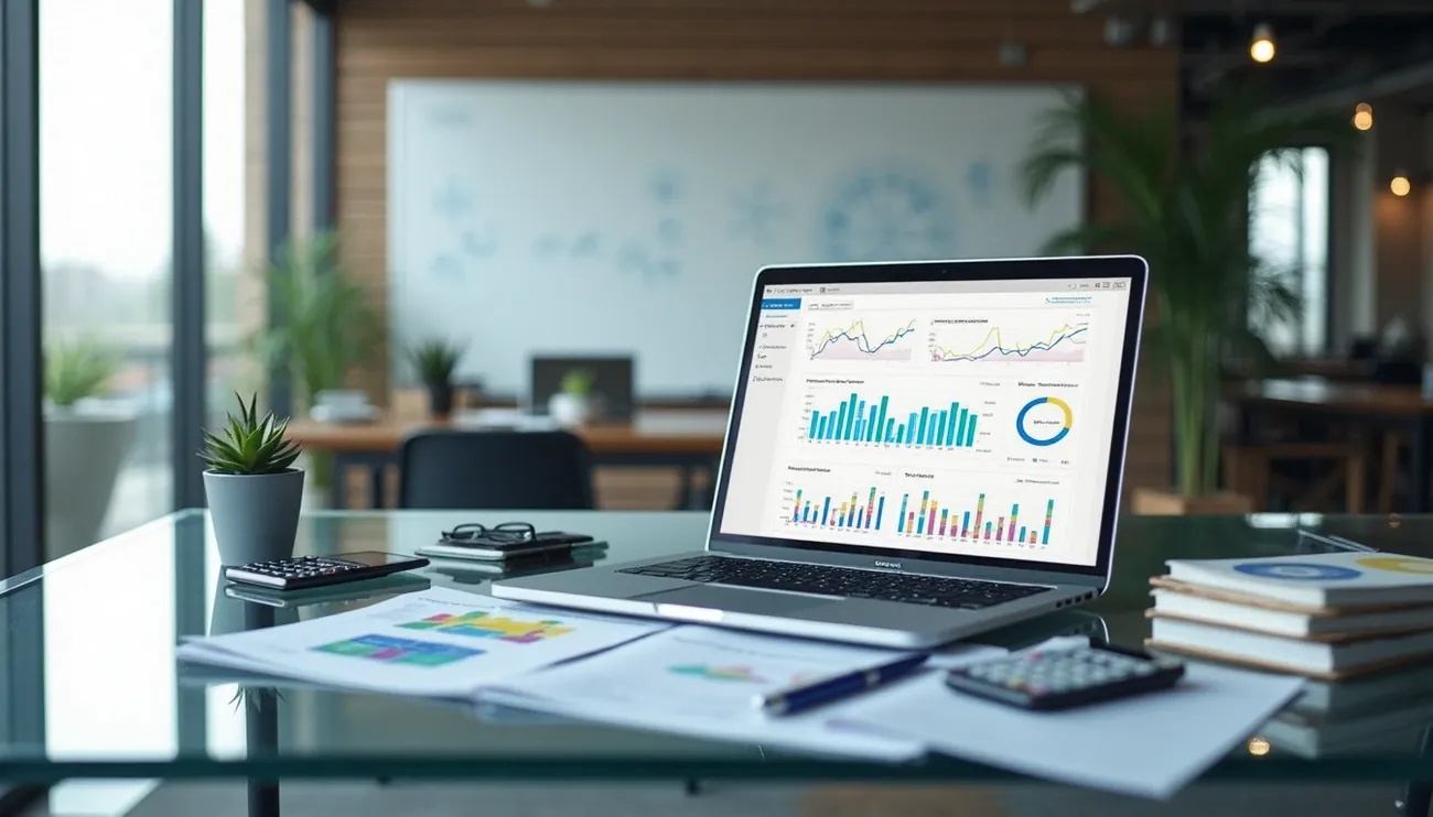 Laptop on glass desk displaying financial charts with documents, calculators, and office plants in a modern workspace.