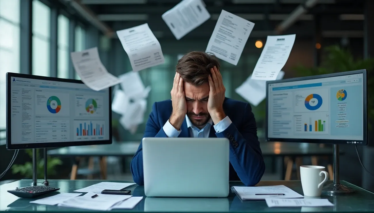 Frustrated businessman overwhelmed by flying invoices and financial charts on dual monitors in a modern office.