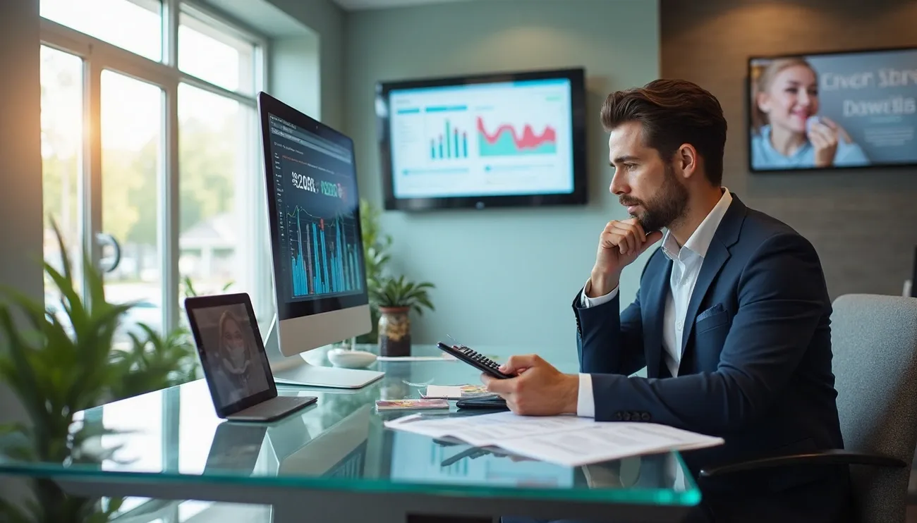 Man in suit analyzing financial graphs on computer screens in a modern office setting with documents on the desk.
