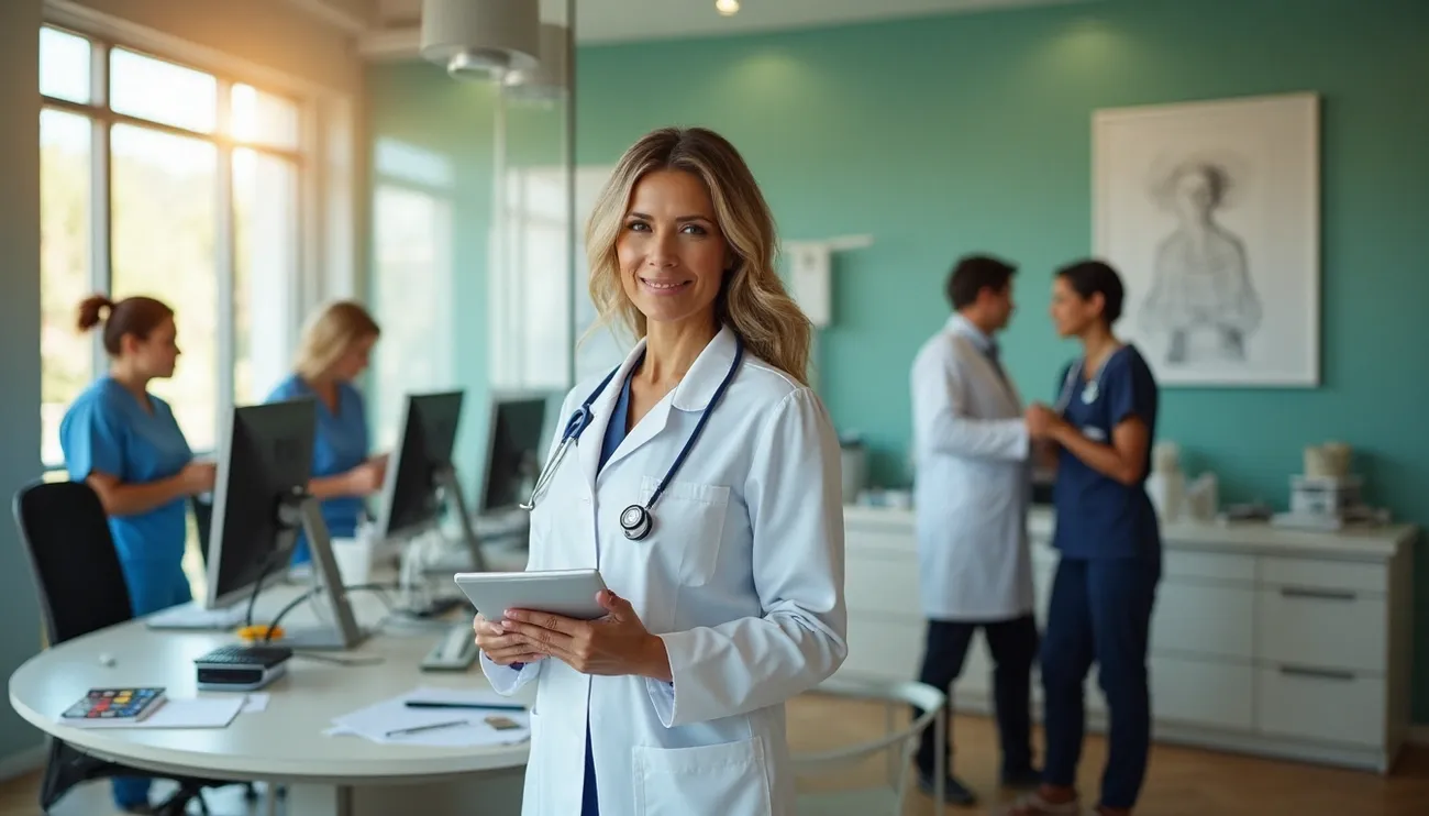 Confident female doctor holding a tablet in a busy medical office with staff collaborating in the background.