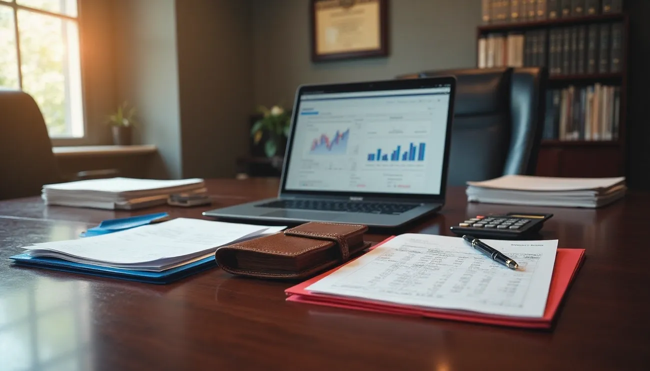 Office desk with financial documents, laptop displaying charts, calculator, and pen, highlighting trust accounting tasks.