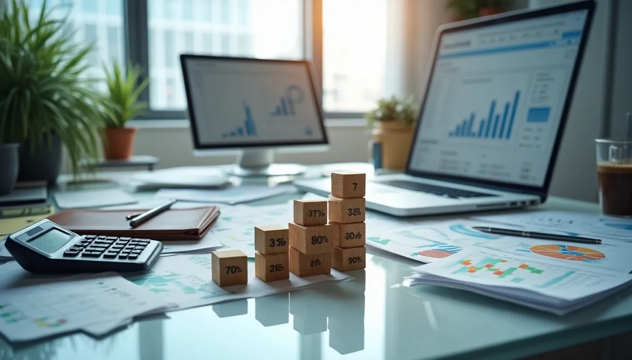 Office desk with financial charts, calculator, laptop, and wooden blocks showing percentages and numbers for SaaS margin analysis.