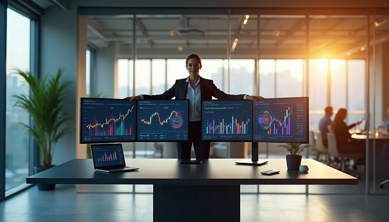Business professional in office with four monitors displaying colorful growth charts and data analytics at sunset