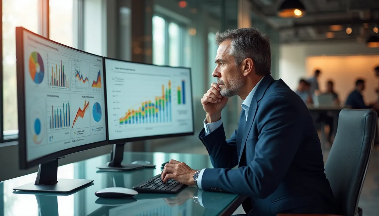 Businessman analyzing financial data and charts on dual monitors in a modern office workspace.