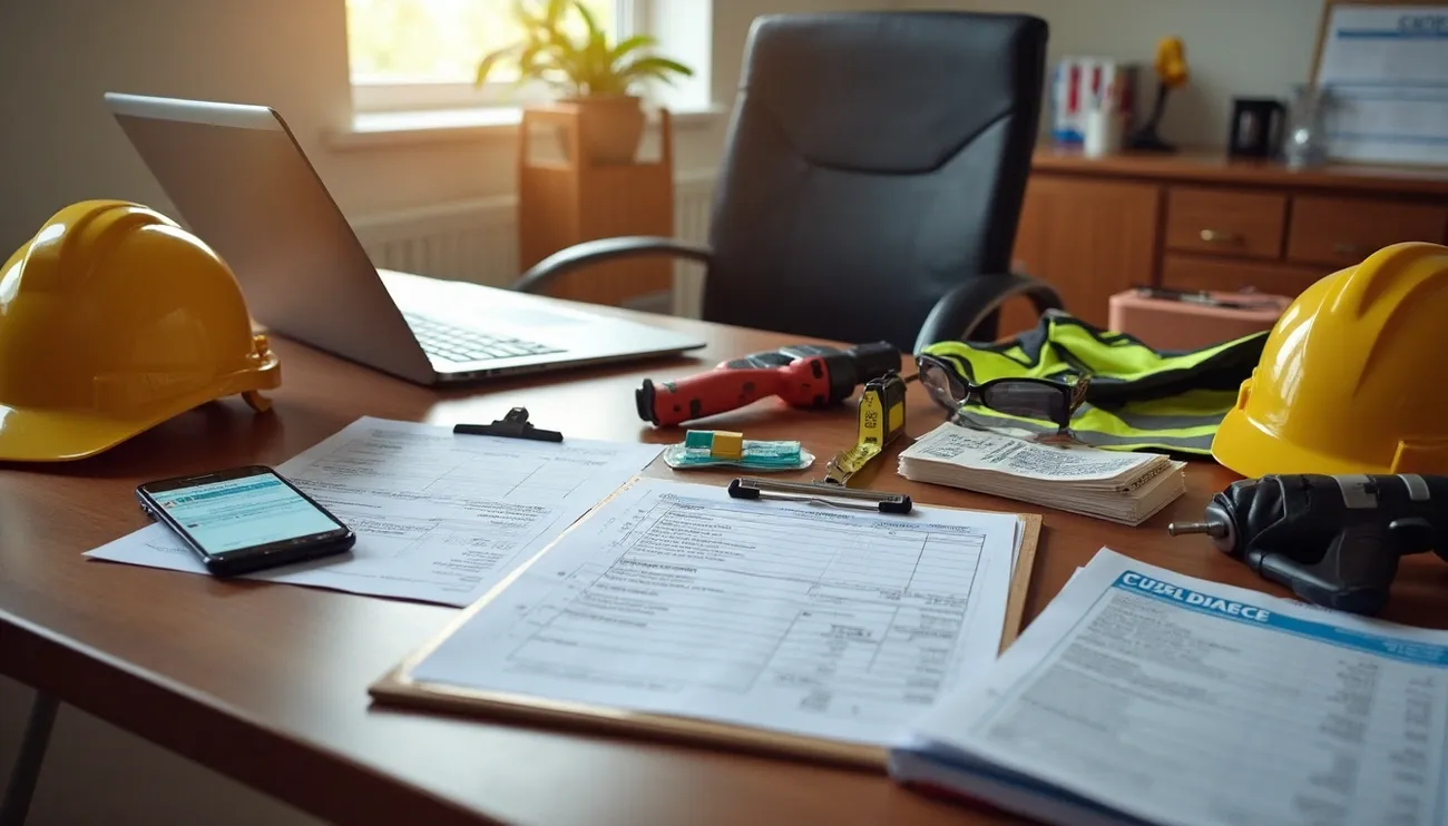 Construction office desk with tax documents, hard hats, safety vest, tools, and a laptop symbolizing hidden construction tax deductions.