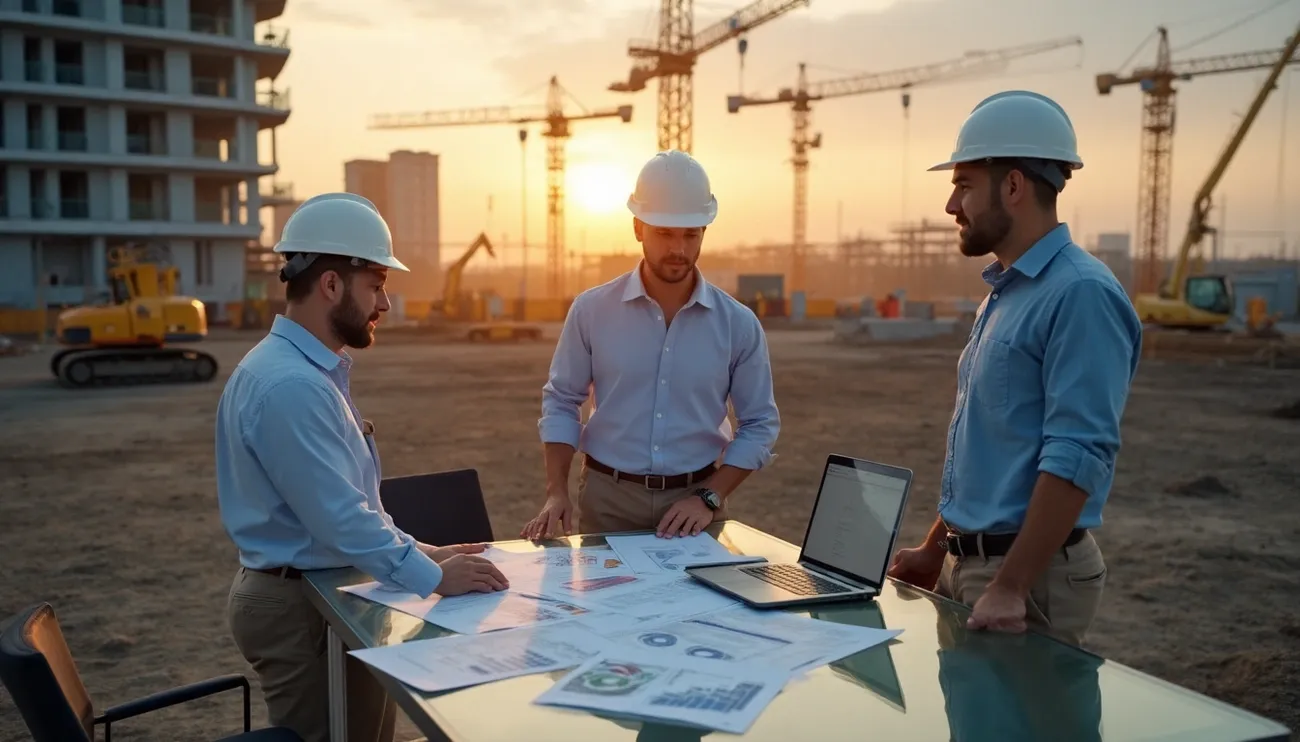 Three construction managers in hard hats review blueprints and financial charts at a site during sunset with cranes in the background.