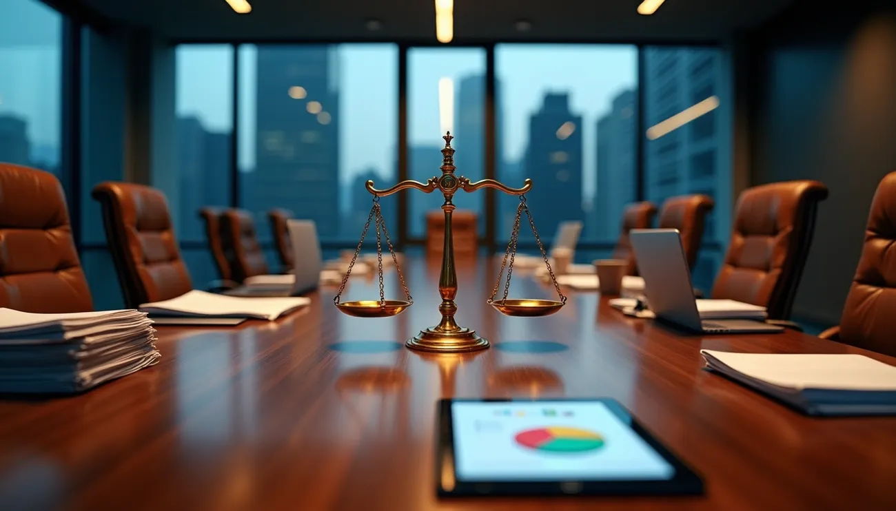 A brass scale of justice on a conference table in a law firm office with laptops and documents around it.