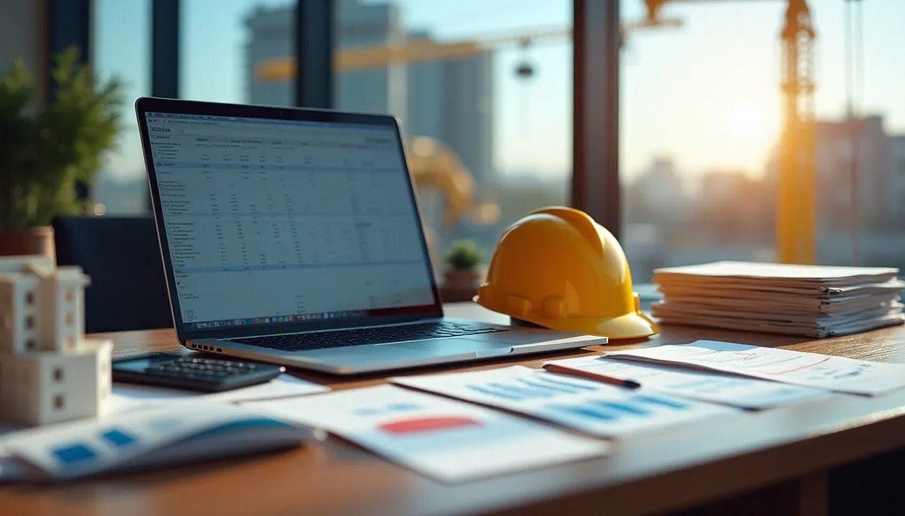 Laptop with financial data, yellow construction helmet, and documents on a desk with a construction site in the background.