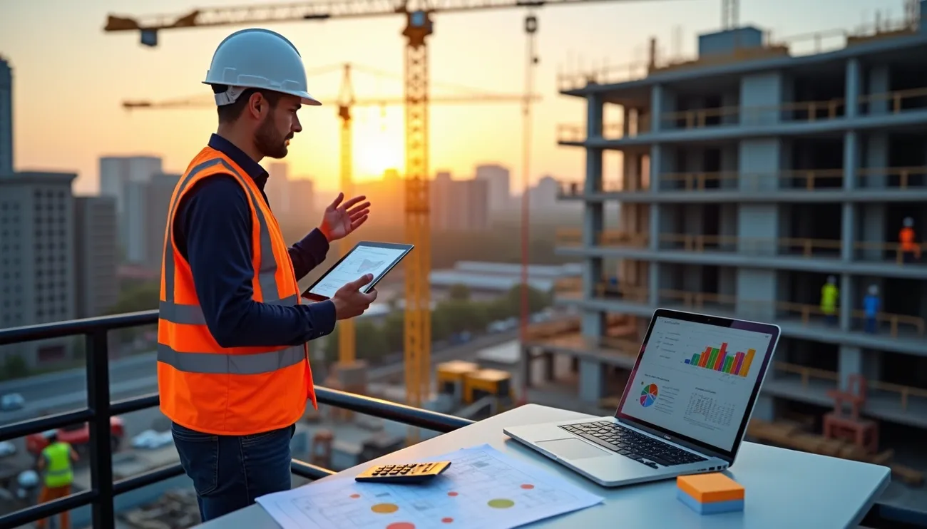 Construction manager in safety gear reviews project data on a tablet and laptop at a building site during sunset.