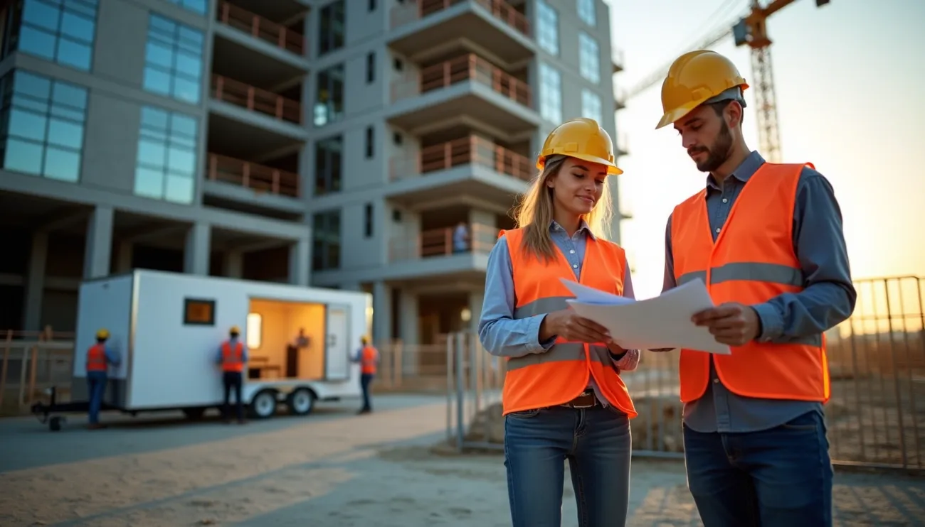 Two construction workers wearing safety vests and helmets reviewing plans at a building site during sunset.