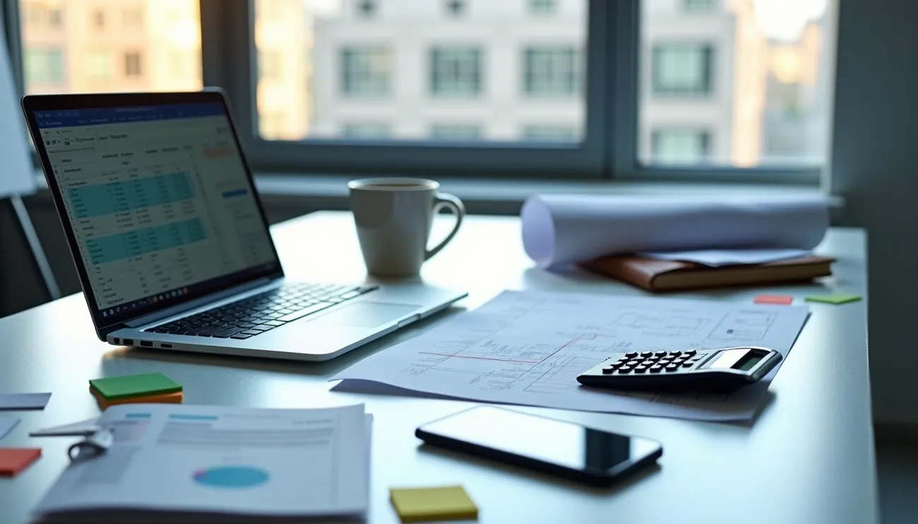 A project manager's desk with a laptop showing a spreadsheet, calculator, documents, and a coffee cup by a window.
