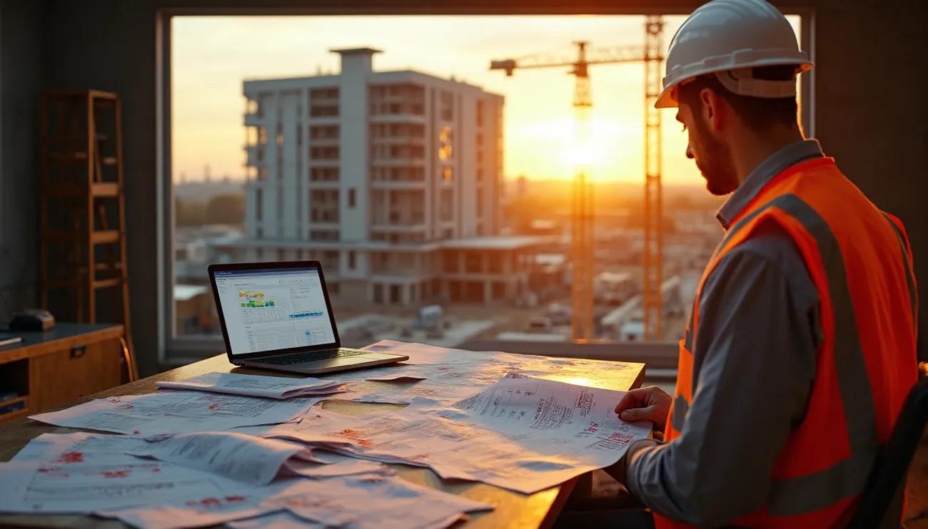 Construction worker in safety gear reviews blueprints and a laptop with project data at sunset on a building site office table.