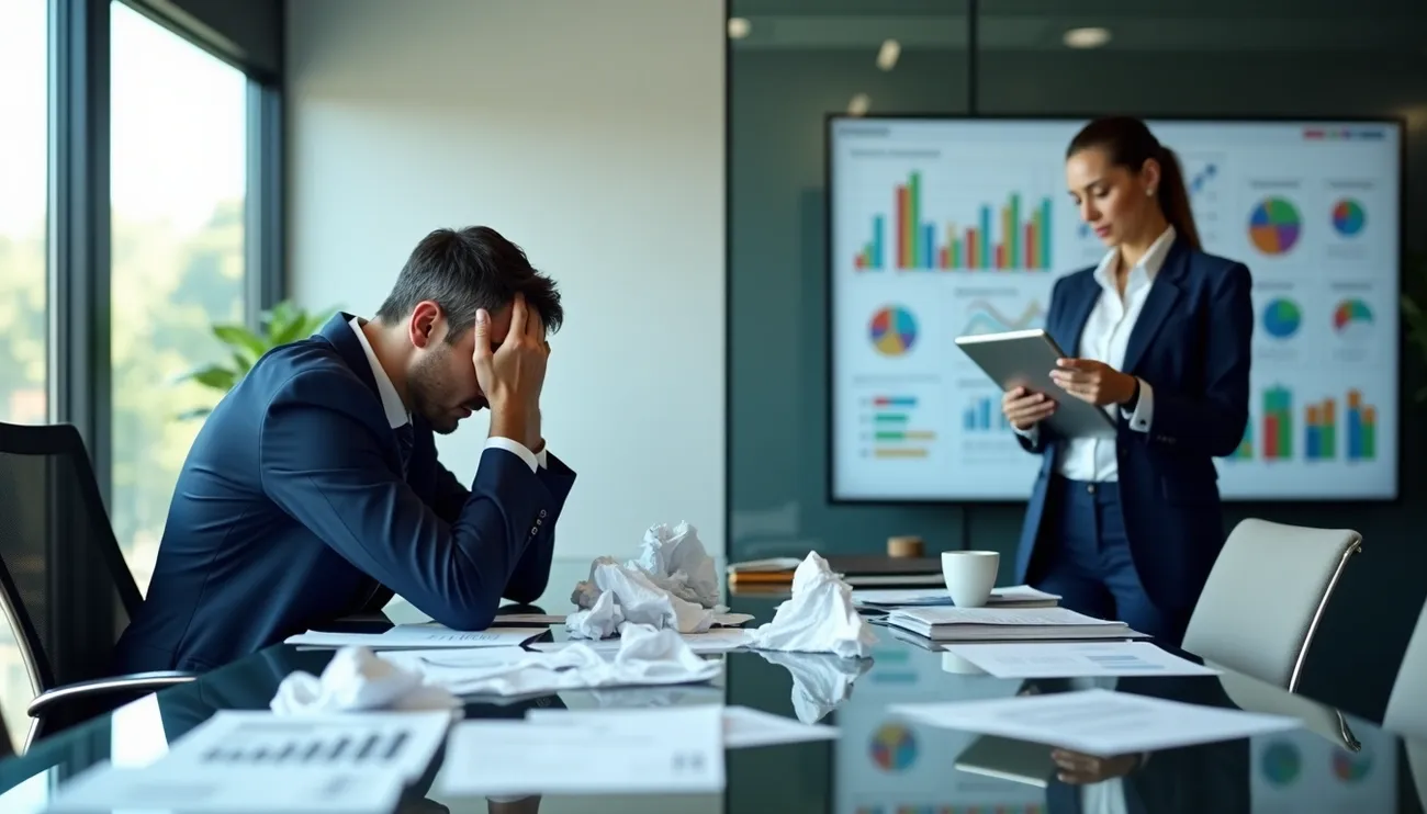 Stressed businessman sitting at a cluttered conference table with crumpled papers while a colleague presents data charts on a screen.