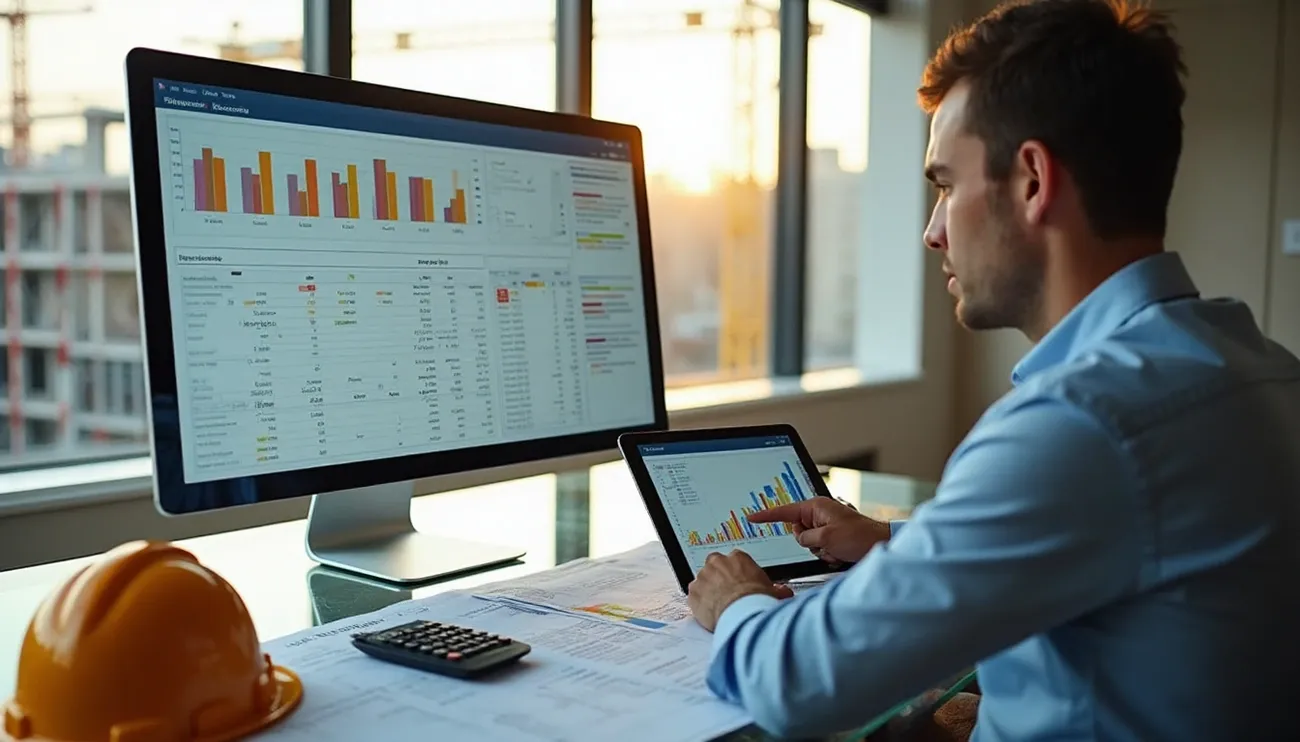 Person analyzing construction accounting data on a tablet and desktop with charts and a hard hat on the desk.