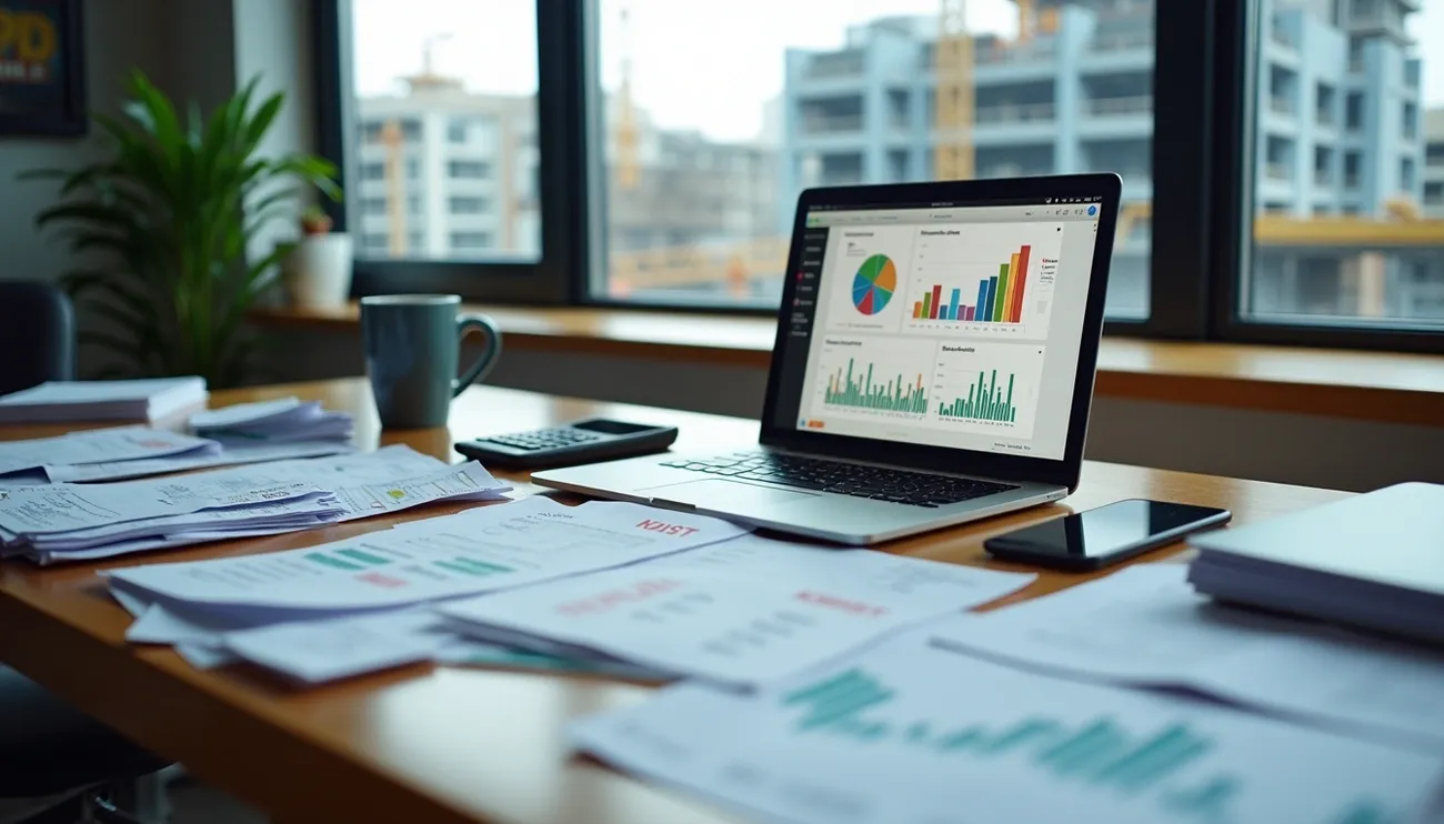 Office desk with financial charts, reports, and laptop showing construction business growth data and analysis graphs.
