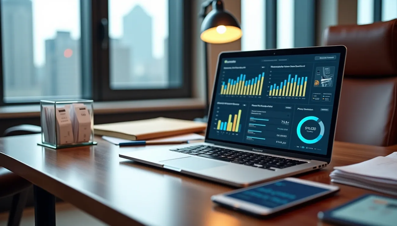 Laptop displaying financial charts and graphs on a wooden desk in a modern office with city views.
