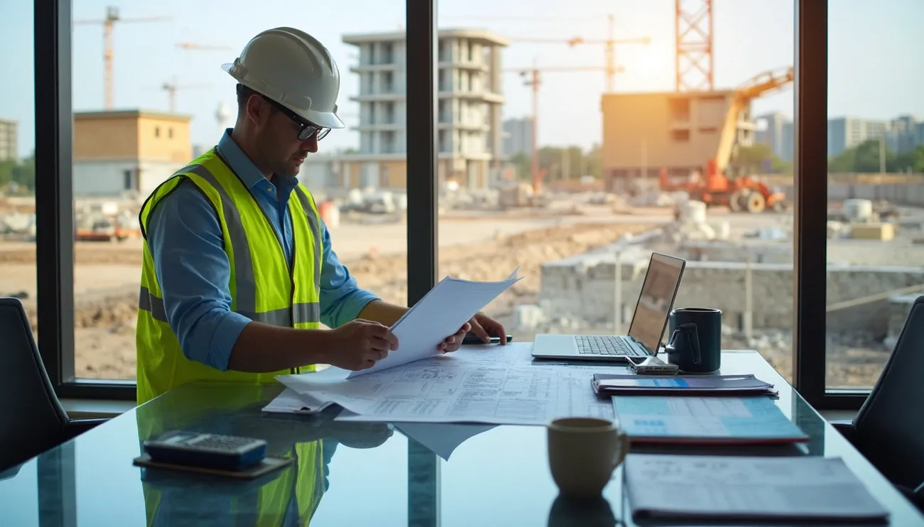 Construction manager in safety gear reviewing blueprints and documents at a desk with a laptop at a building site