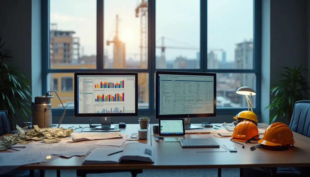 Construction office desk with financial charts, blueprints, scattered cash, and safety helmets symbolizing hidden money leaks.