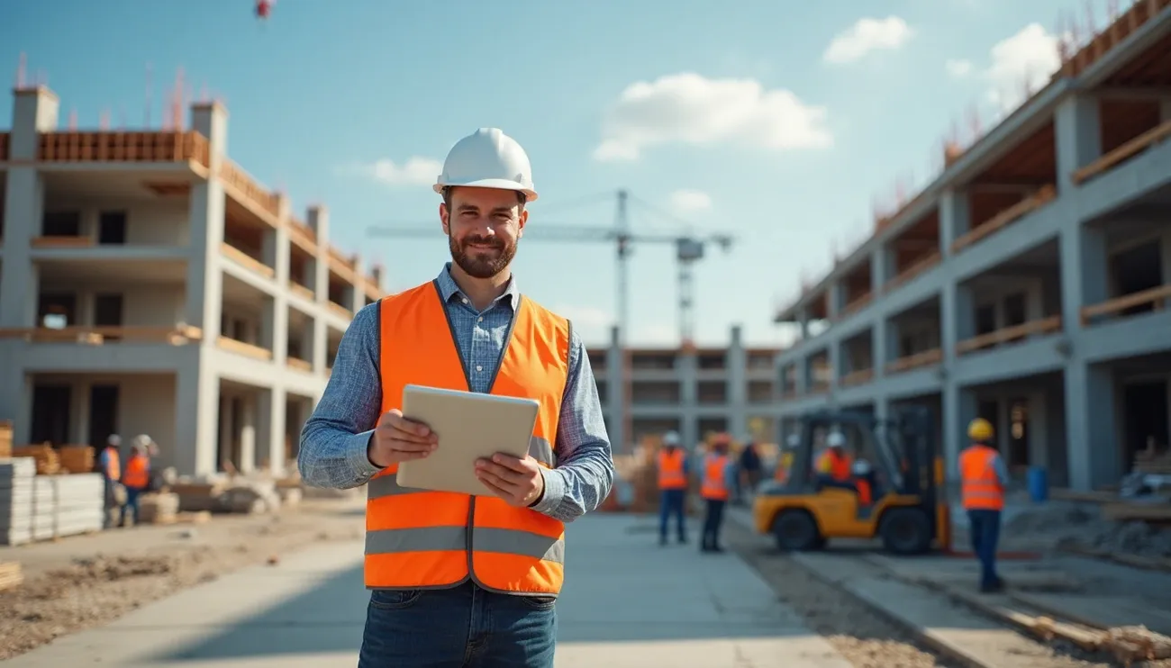 Construction worker in an orange safety vest and hard hat using a tablet at a building site with cranes and workers.
