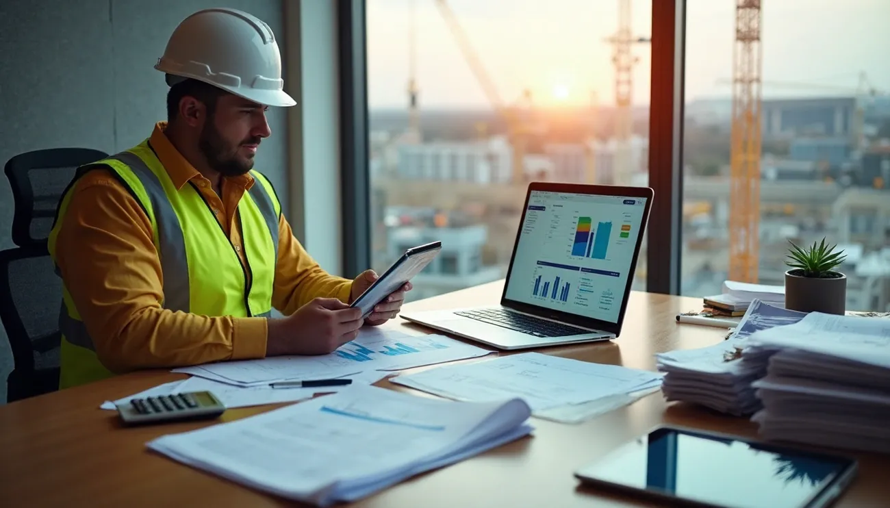Construction manager in safety gear reviewing charts and reports on tablet and laptop in an office with city view at sunset.