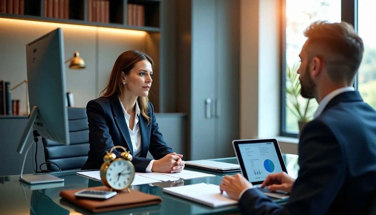 Two business professionals in a modern office discussing financial data displayed on a laptop during a meeting.