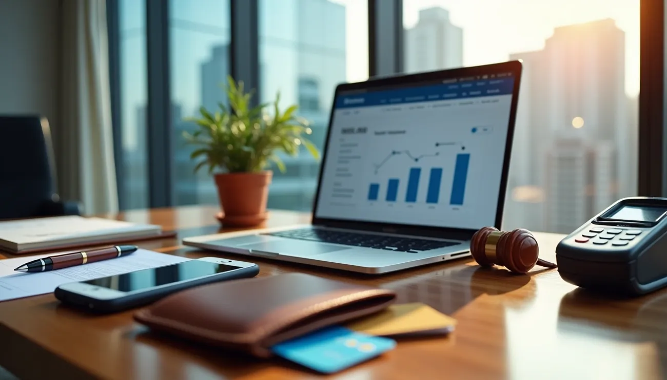 Office desk with laptop showing financial charts, a gavel, smartphone, wallet, and payment terminal in a law firm setting.
