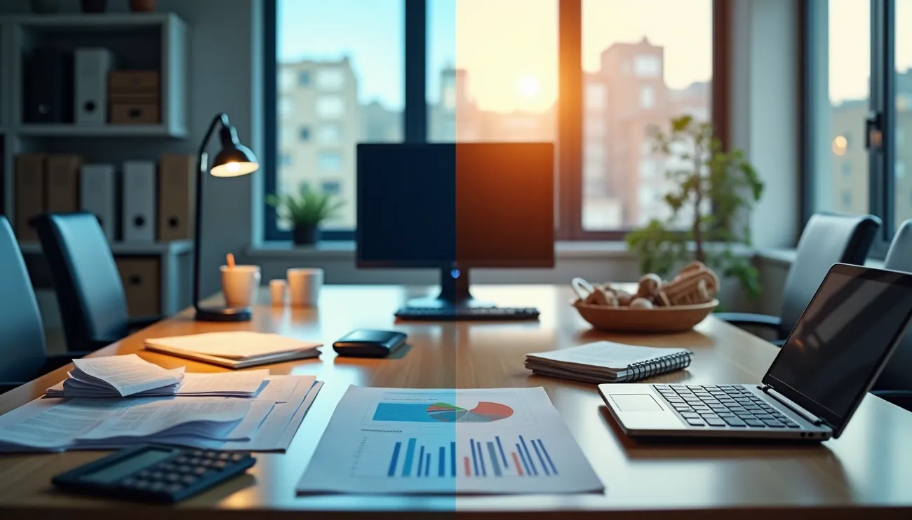 Office desk with financial charts, laptop, calculator, and documents symbolizing smart cost control strategies at work