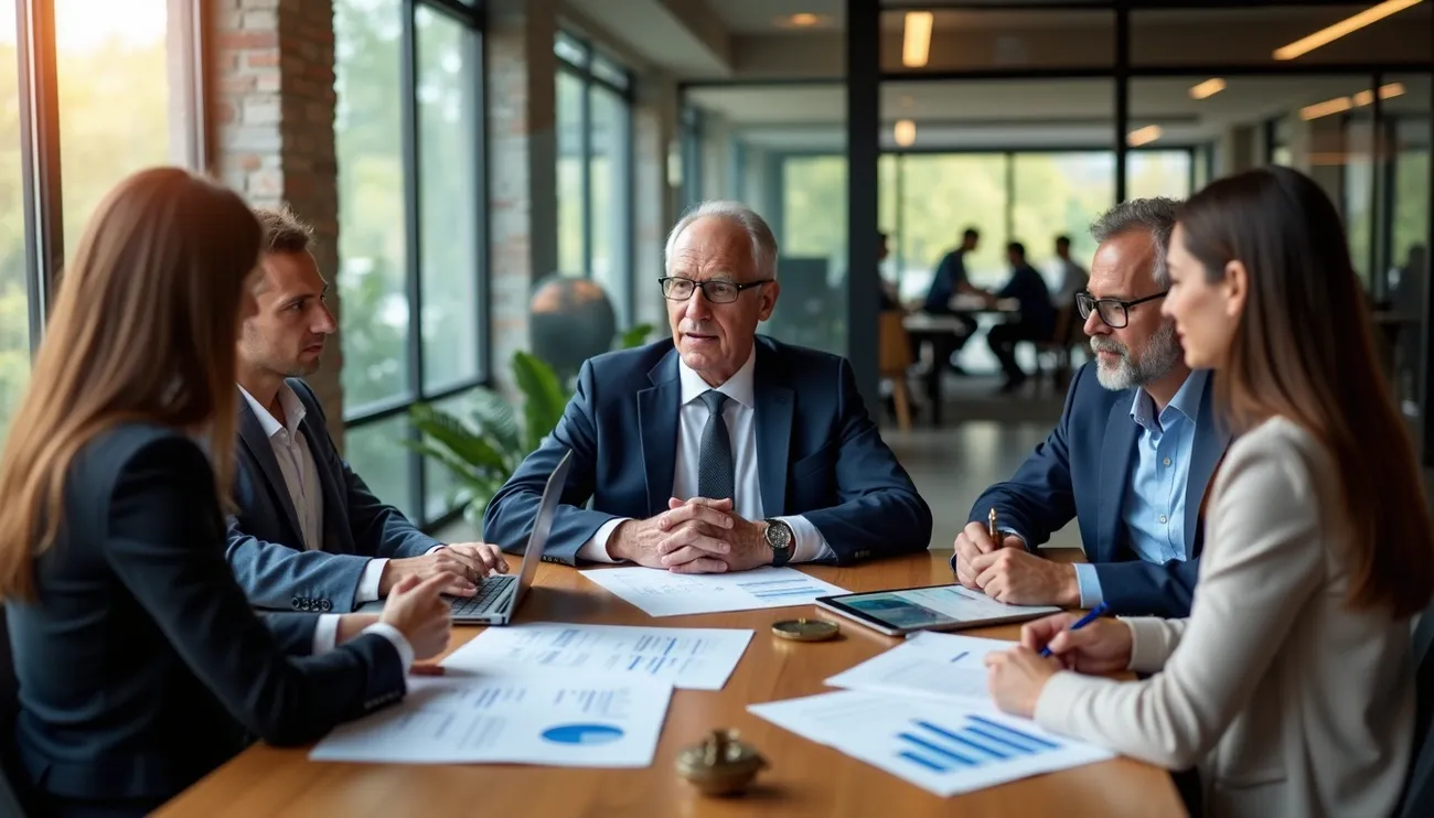 Business professionals in a modern office discussing exit planning strategies around a table with documents and a laptop.