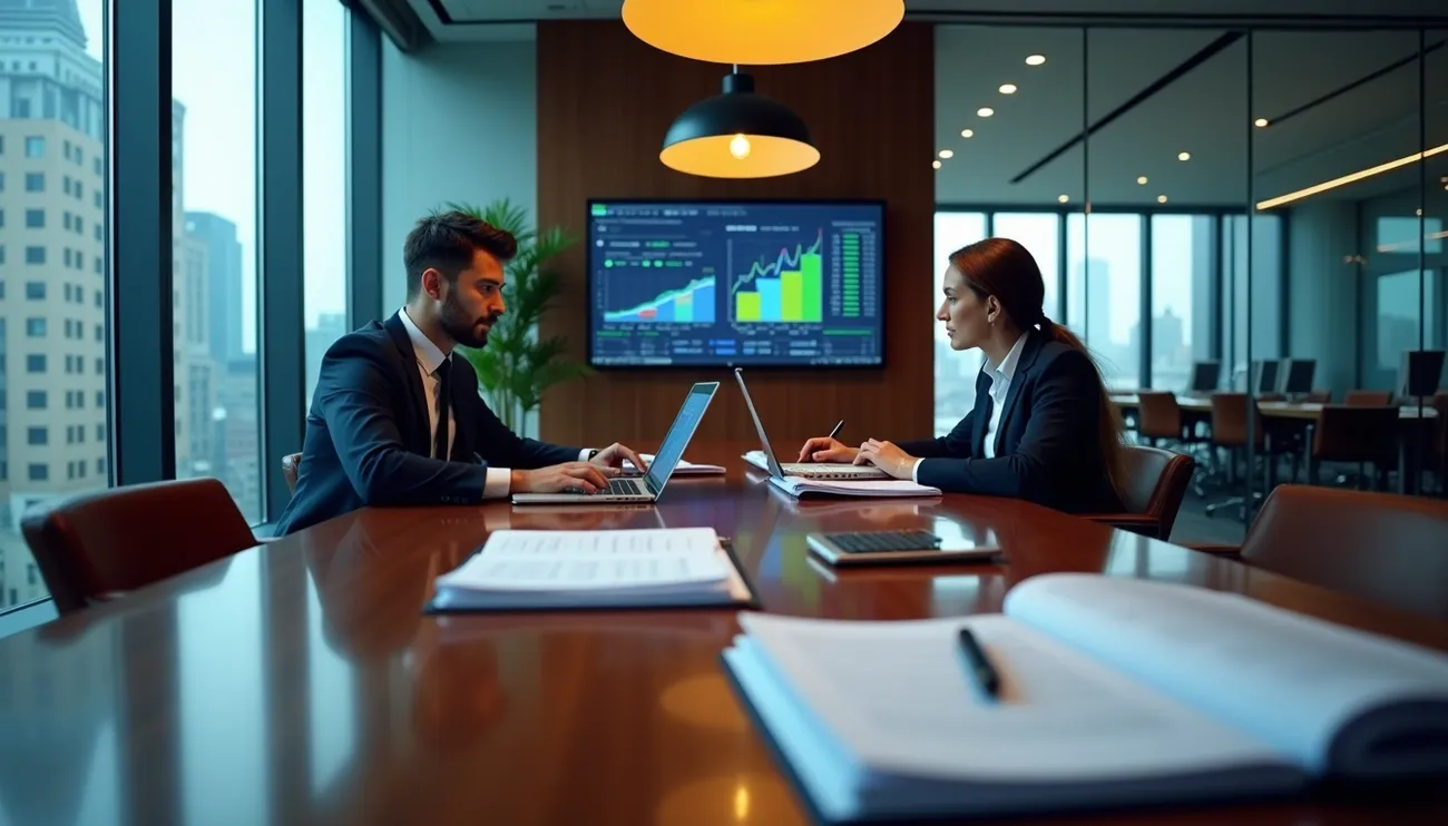 Two professionals in a modern office review financial charts on laptops and a screen, surrounded by documents and cityscape views.
