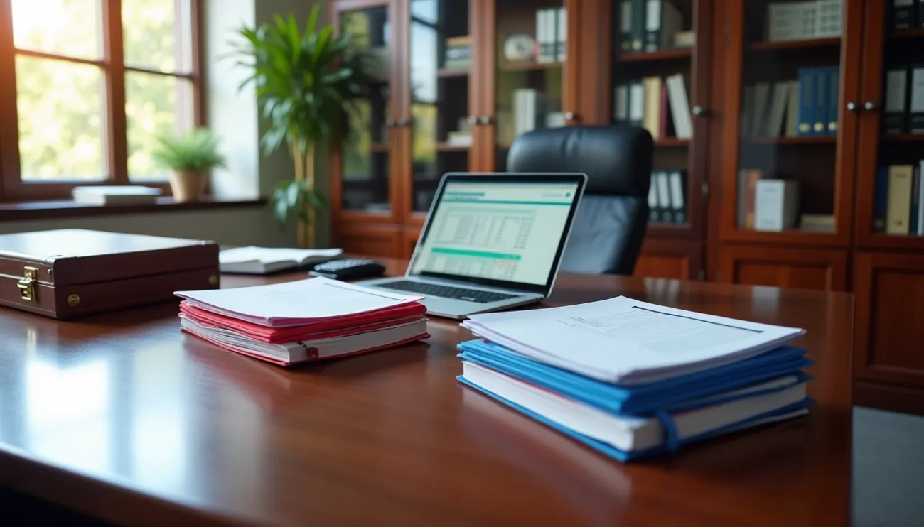 Law office desk with stacked legal documents, a laptop showing financial data, and a briefcase in a wood-paneled room.