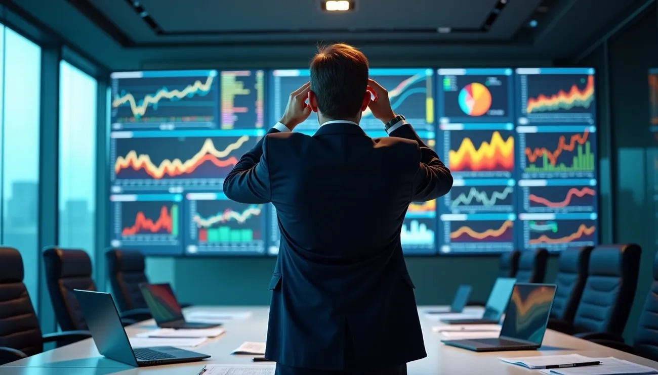 Businessman in a suit reviews multiple KPI charts and graphs on large screens in a modern office conference room.