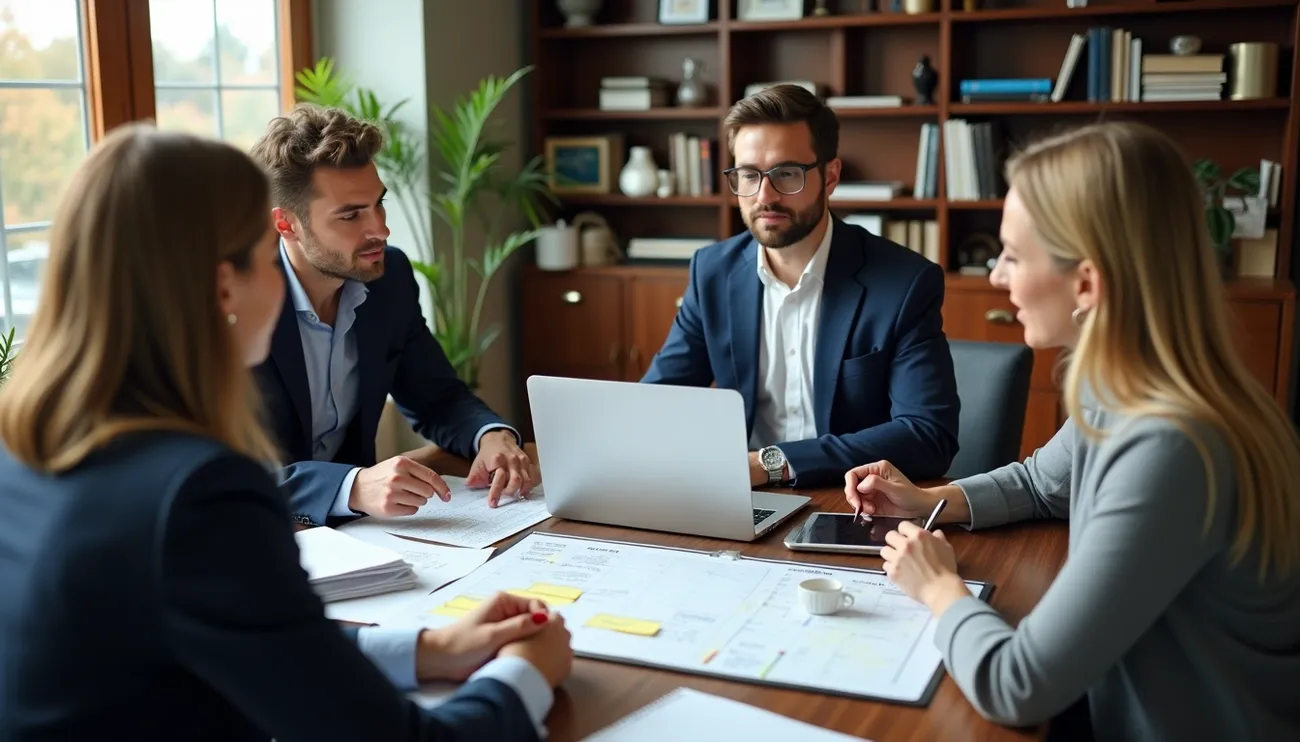 Business professionals discussing tax planning strategies around a table with documents and a laptop in an office setting.